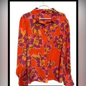 Plus Size 2X Orange Purple Floral Blouse Boho Button Front Long Sleeve Top